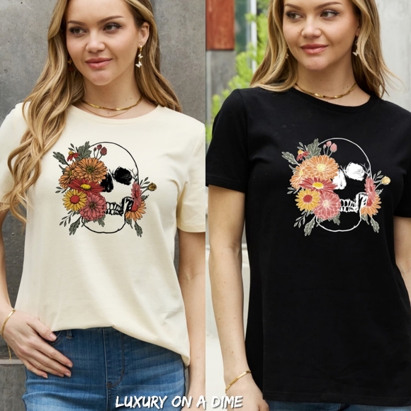 100% Cotton Bright Colorful Floral Skull Graphic Short-sleeve Tee Shirt Ivory - Picture 10 of 10